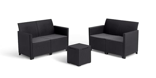 Keter Nora Set Jardín 4 Plazas con Cojines + Mesa Almacenaje 35L, Grafito