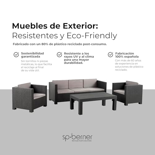 SP Berner Set Diva Tropea Grafito: Sofá 3P + 2 Sillones + Mesa, Reciclado