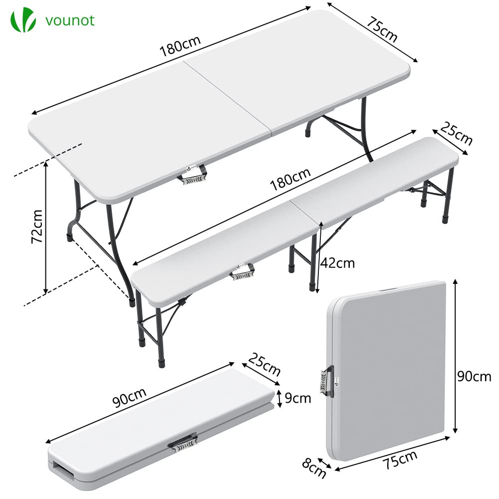 VOUNOT Set Plegable: Mesa 180cm + 2 Bancos, Picnic/Camping, Blanco
