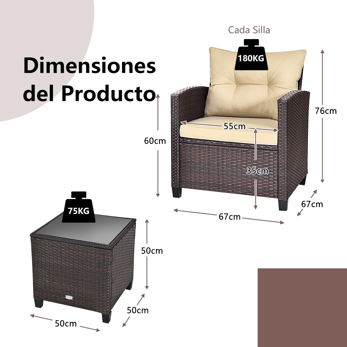 GIANTEX Set Jardín 3 Pzas: 2 Sillones + Mesa Vidrio, Ratán, Marrón Oscuro
