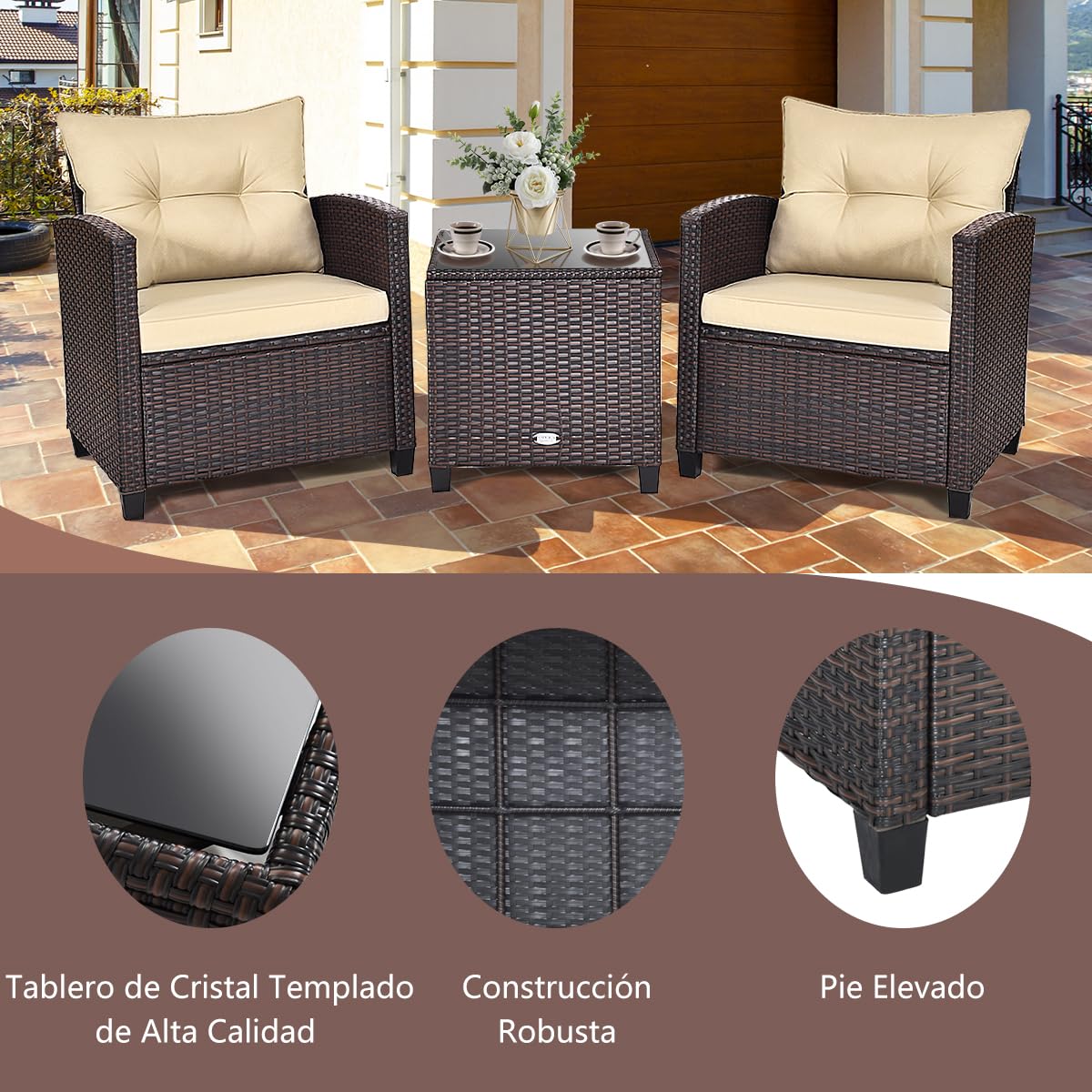 GIANTEX Set Jardín 3 Pzas: 2 Sillones + Mesa Vidrio, Ratán, Marrón Oscuro