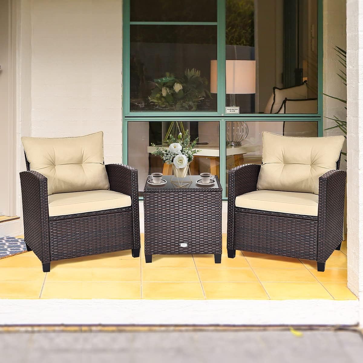 GIANTEX Set Jardín 3 Pzas: 2 Sillones + Mesa Vidrio, Ratán, Marrón Oscuro