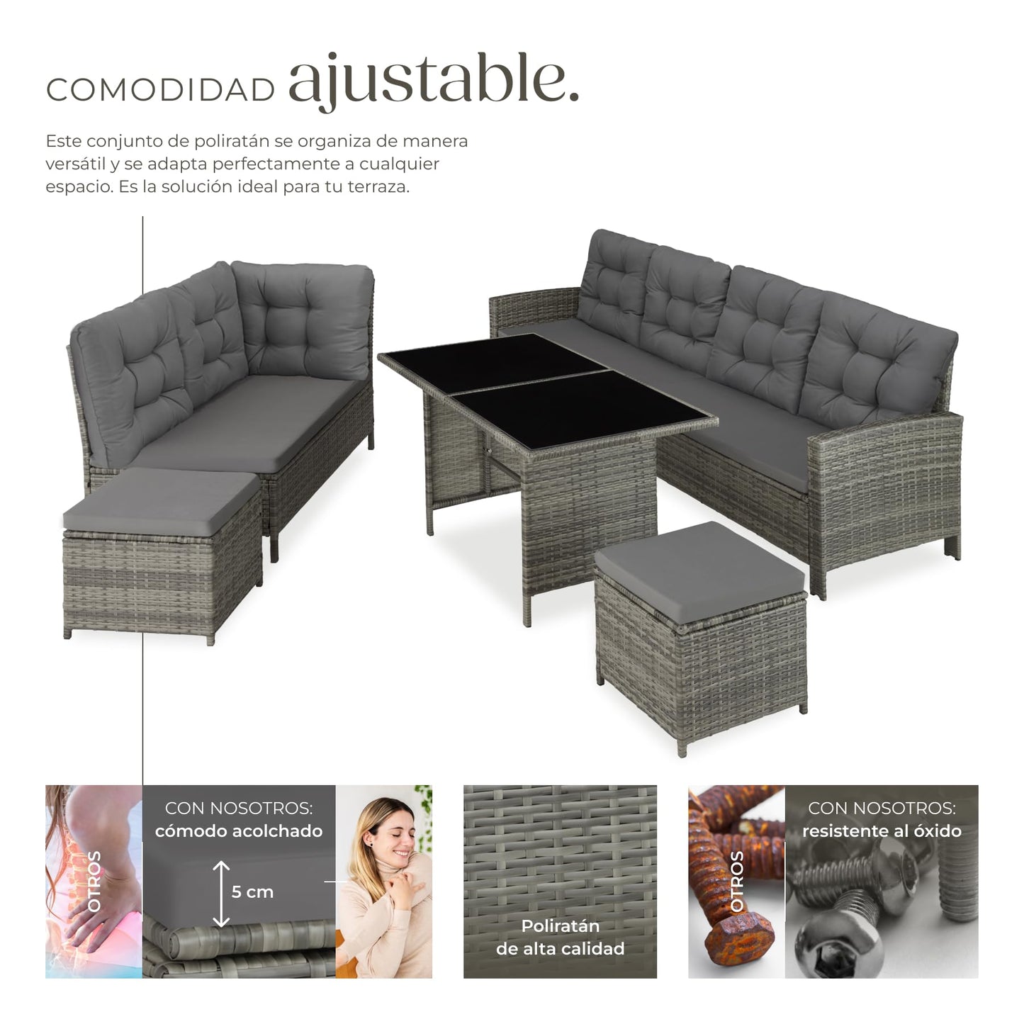 TecTake Set Esquina Ratán 5 Pzas: Sofá + 2 Taburetes + Mesa, Gris/Beige