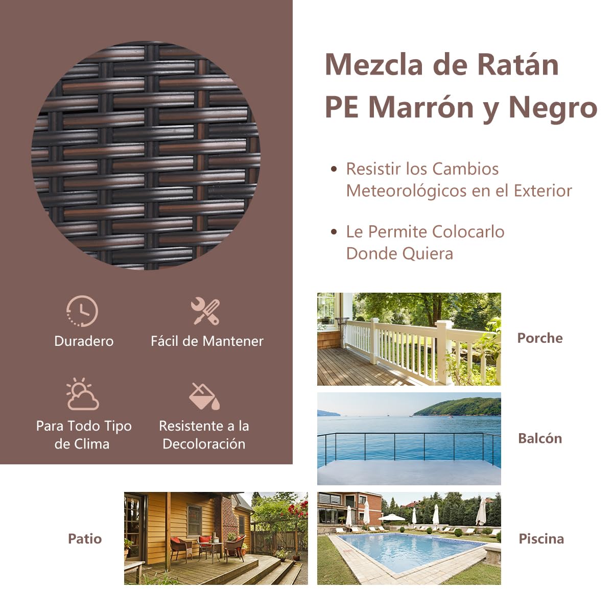 GIANTEX Set Jardín 3 Pzas: 2 Sillones + Mesa Vidrio, Ratán, Marrón Oscuro