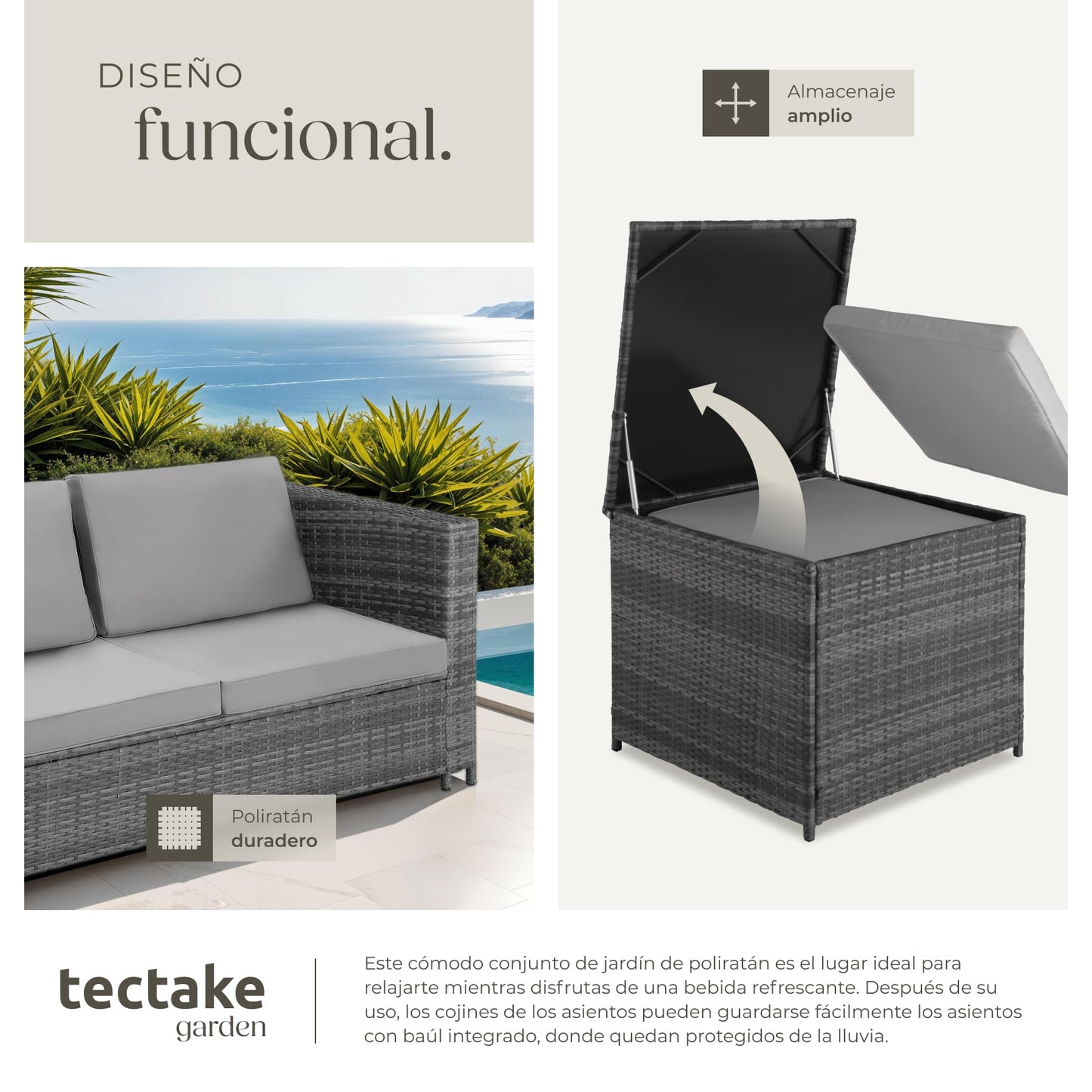 TecTake Set Ratán Combinable: 2 Sofás + Mesa + Caja, Cojines 8cm, Gris