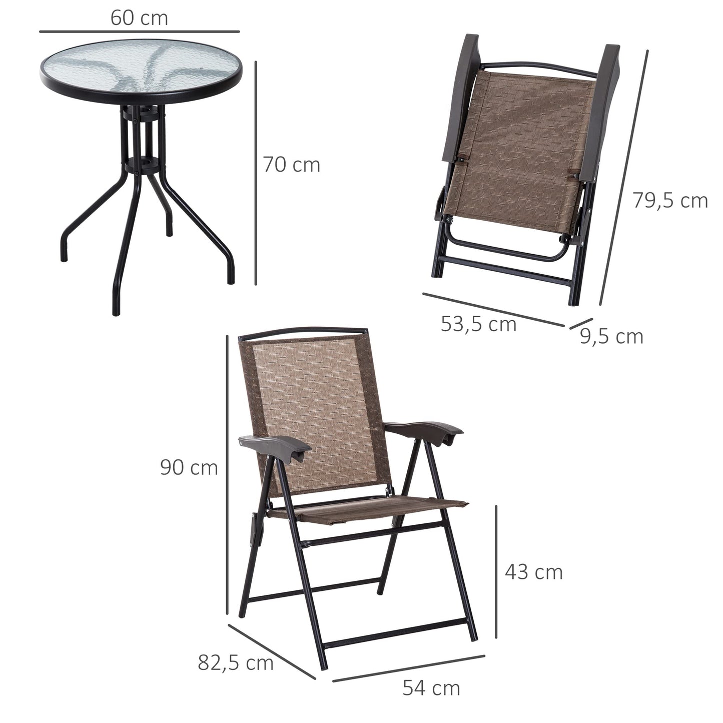 Outsunny Set Jardín: Mesa + 2 Sillas Reclinables, Texteline/Acero, Marrón