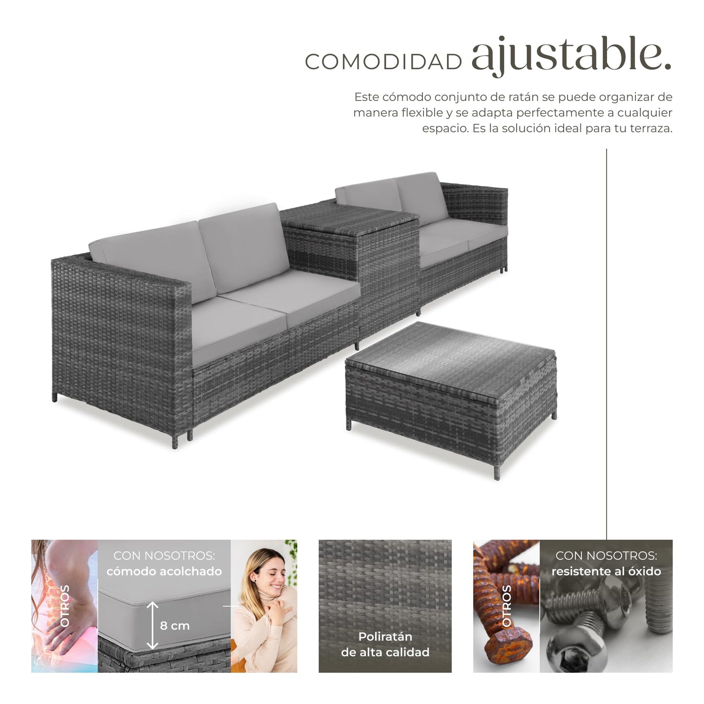 TecTake Set Ratán Combinable: 2 Sofás + Mesa + Caja, Cojines 8cm, Gris