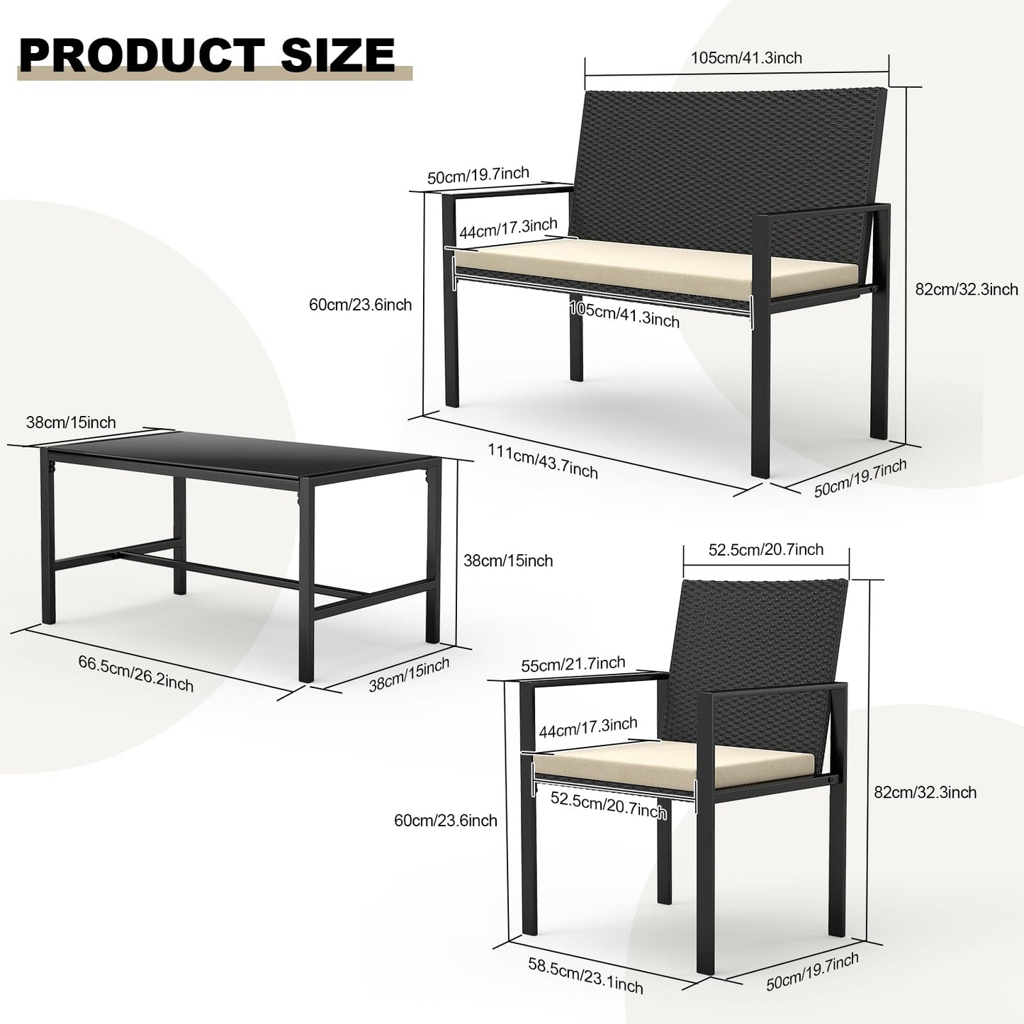 bigzzia Set Ratán 4 Pzas: 2 Sillones + Sofá 2 Plazas + Mesa, Negro