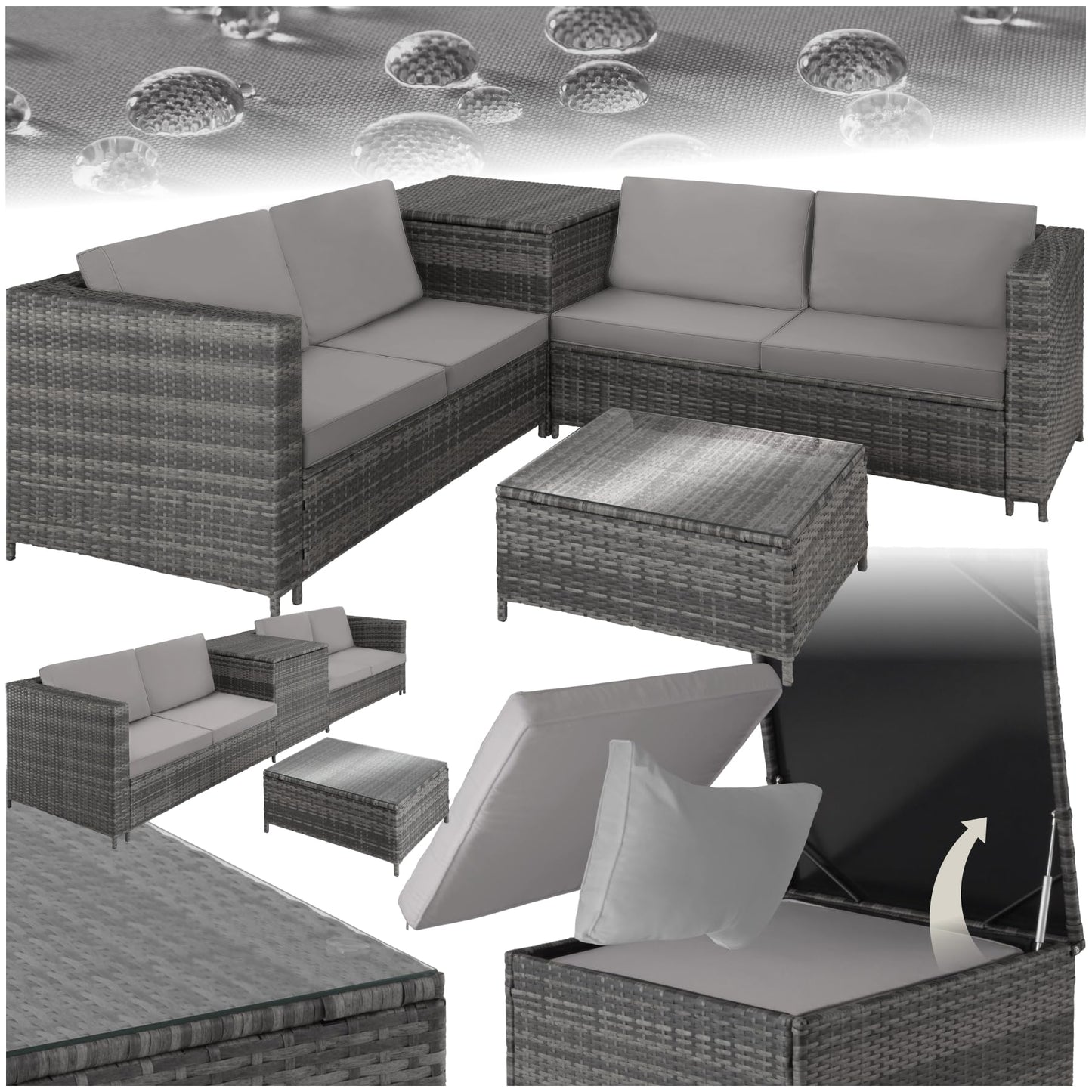 TecTake Set Ratán Combinable: 2 Sofás + Mesa + Caja, Cojines 8cm, Gris