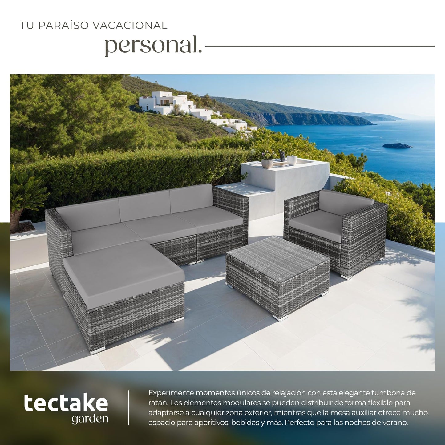 TecTake Set Jardín Ratán/Acero: 4 Sillones + Mesa Cristal + Puf, Cojines, Gris