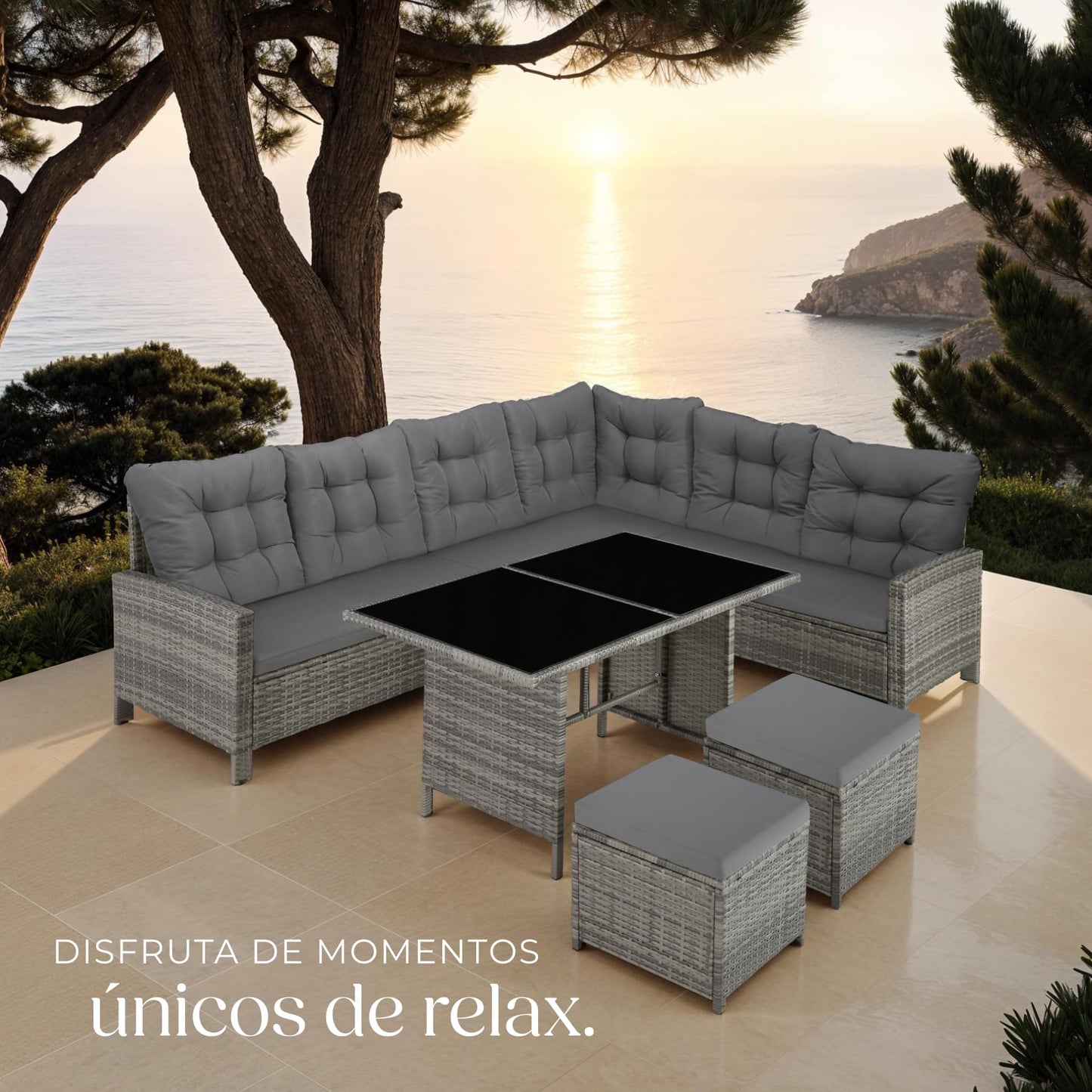 TecTake Set Esquina Ratán 5 Pzas: Sofá + 2 Taburetes + Mesa, Gris/Beige