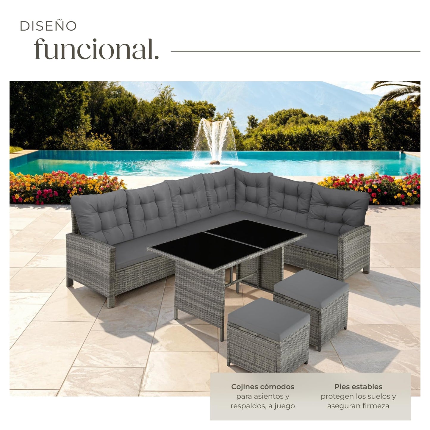 TecTake Set Esquina Ratán 5 Pzas: Sofá + 2 Taburetes + Mesa, Gris/Beige