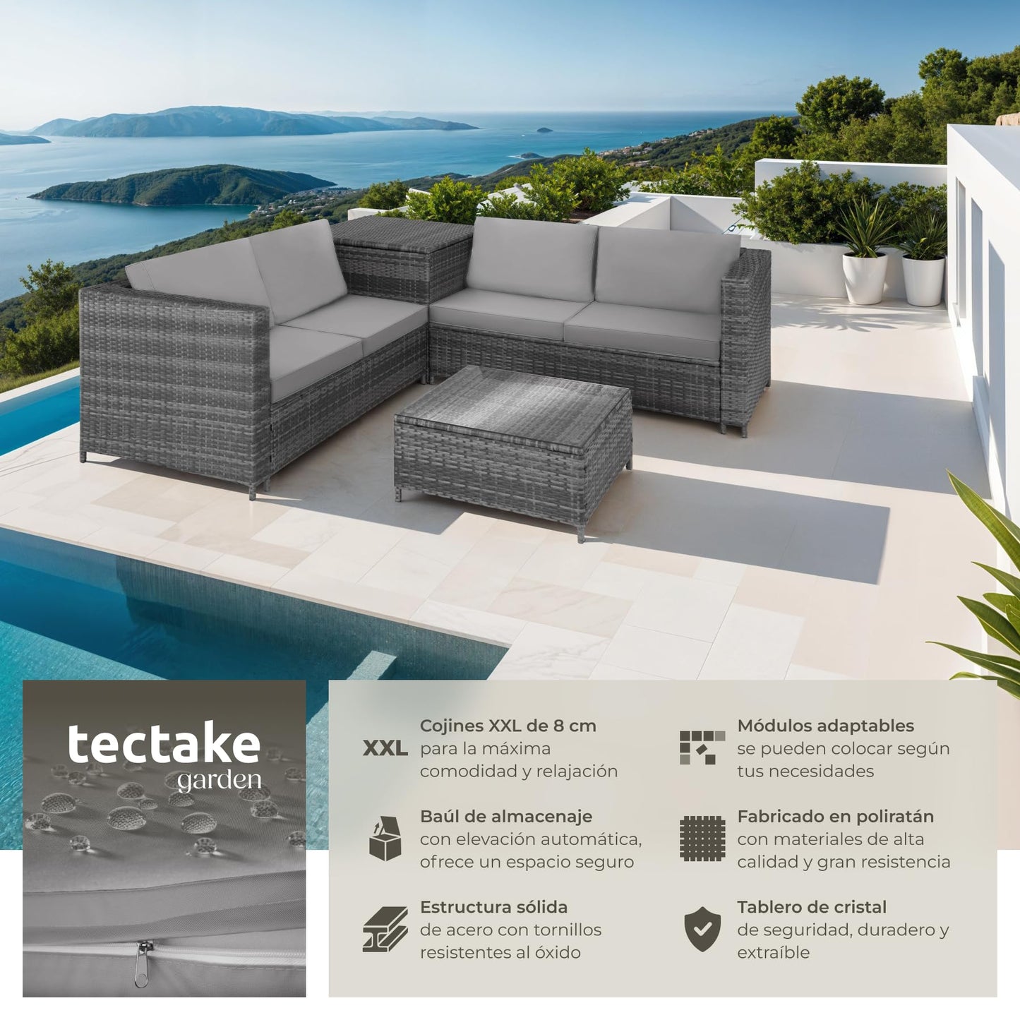 TecTake Set Ratán Combinable: 2 Sofás + Mesa + Caja, Cojines 8cm, Gris