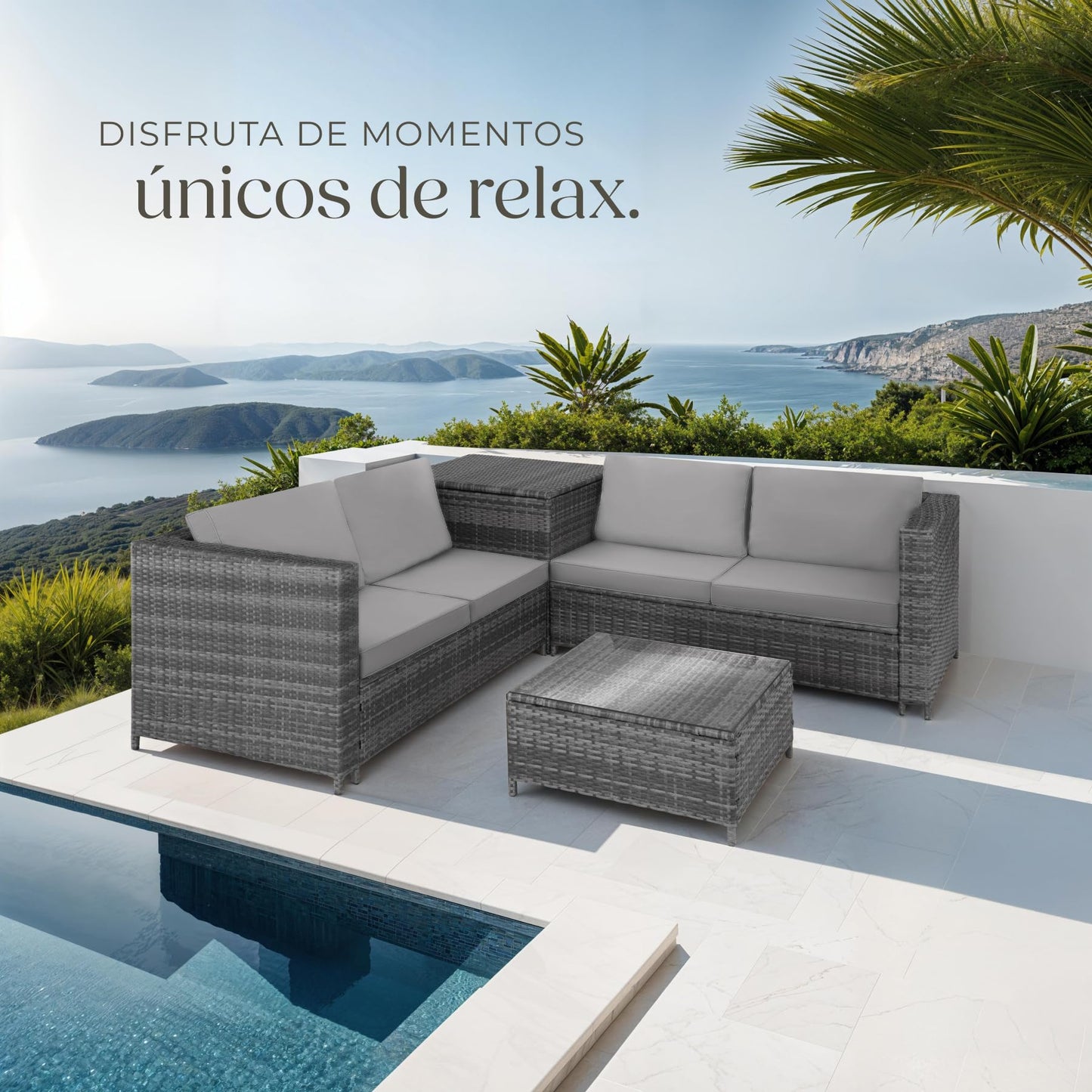 TecTake Set Ratán Combinable: 2 Sofás + Mesa + Caja, Cojines 8cm, Gris