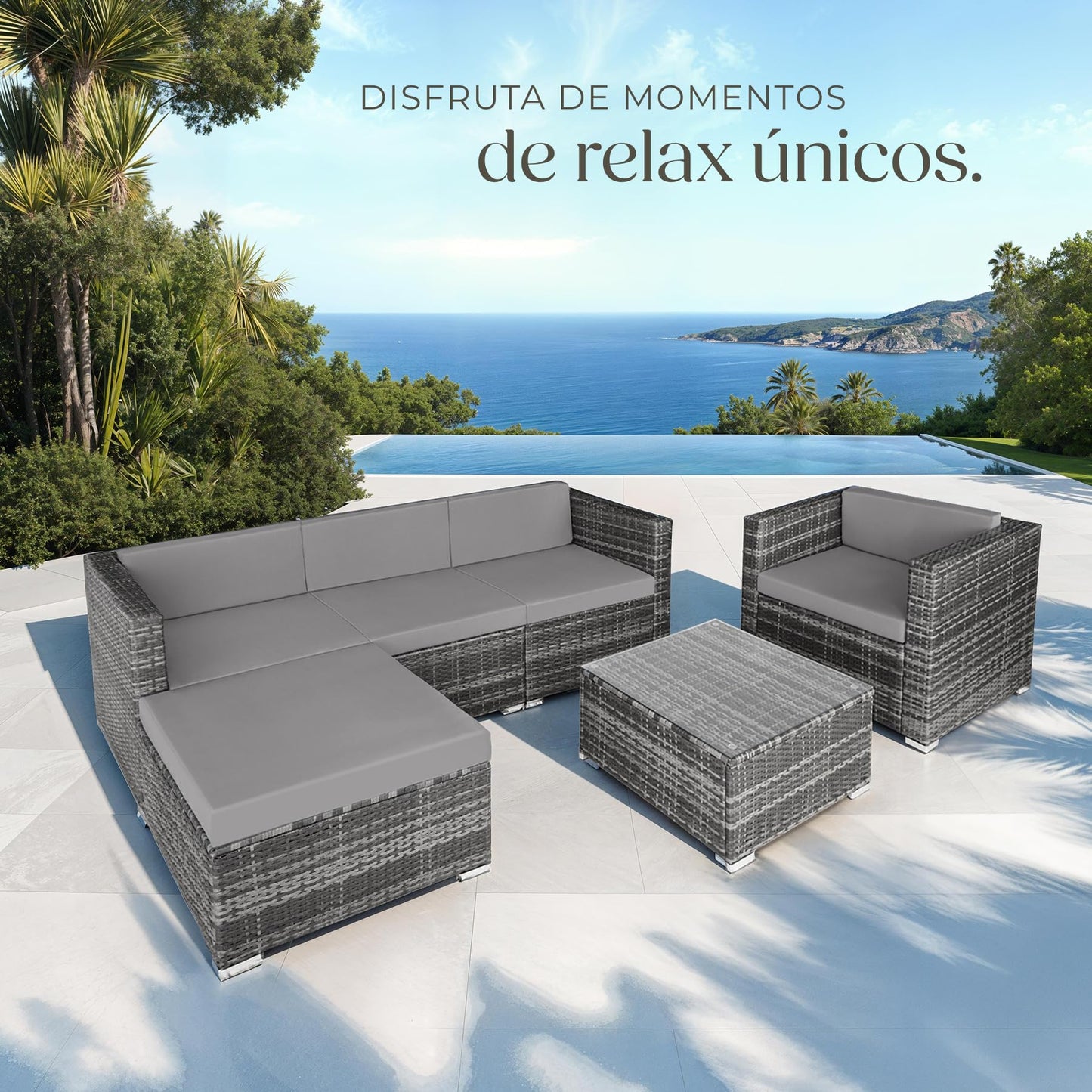 TecTake Set Jardín Ratán/Acero: 4 Sillones + Mesa Cristal + Puf, Cojines, Gris
