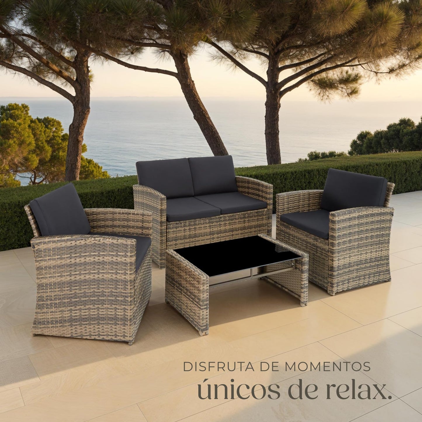 Tectake Set Ratán/Acero: 2 Sillones + Sofá + Mesa Cristal, Cojines, Natural