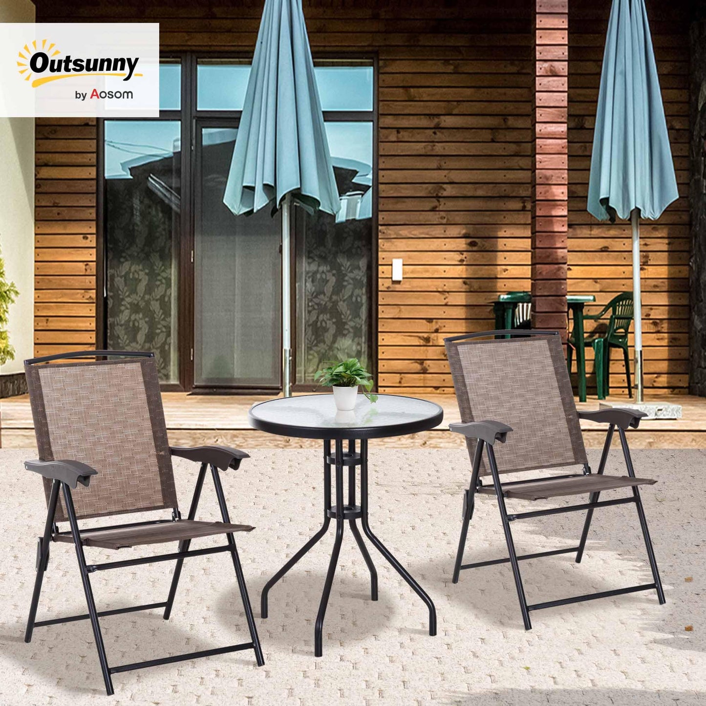 Outsunny Set Jardín: Mesa + 2 Sillas Reclinables, Texteline/Acero, Marrón