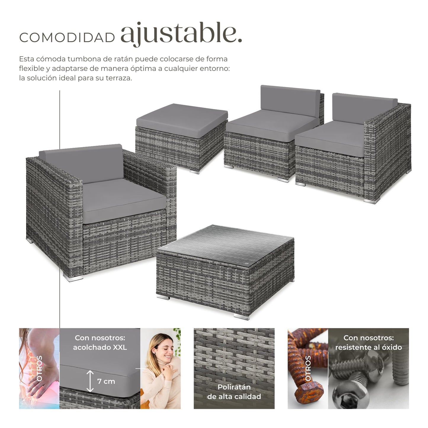 TecTake Set Jardín Ratán/Acero: 4 Sillones + Mesa Cristal + Puf, Cojines, Gris