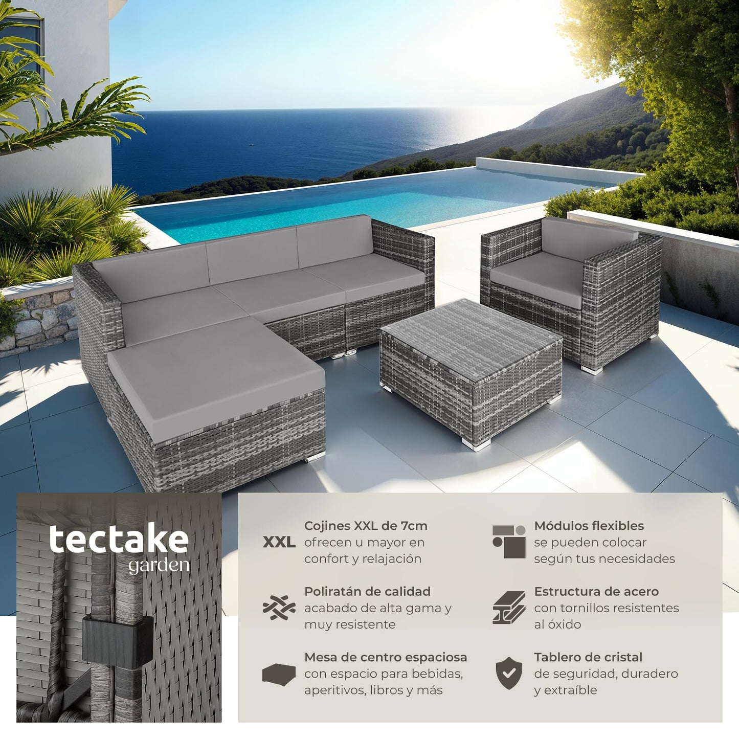 TecTake Set Jardín Ratán/Acero: 4 Sillones + Mesa Cristal + Puf, Cojines, Gris