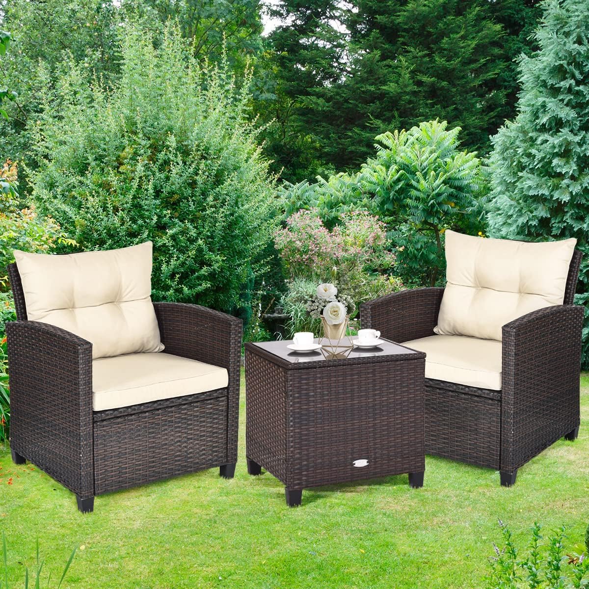 GIANTEX Set Jardín 3 Pzas: 2 Sillones + Mesa Vidrio, Ratán, Marrón Oscuro