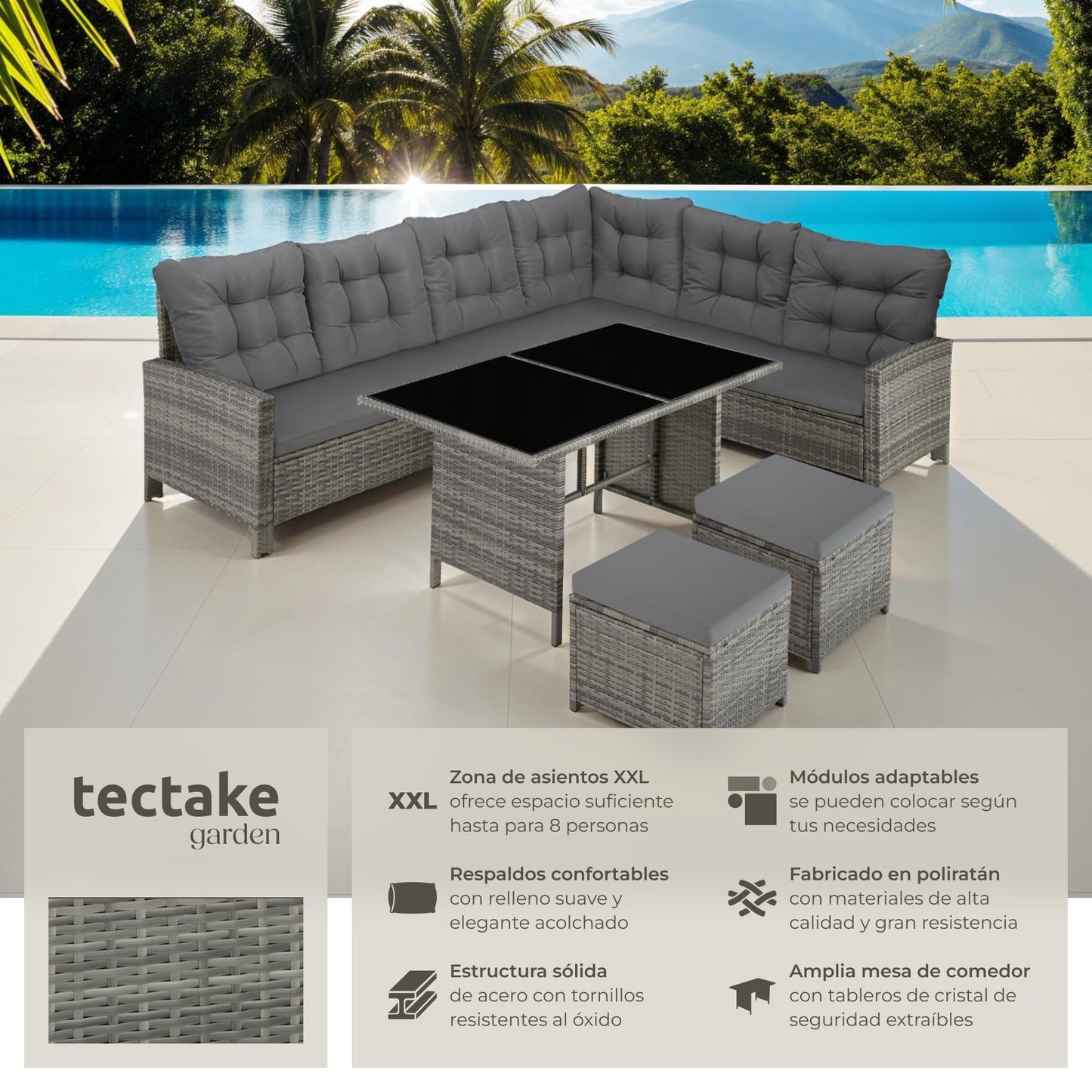TecTake Set Esquina Ratán 5 Pzas: Sofá + 2 Taburetes + Mesa, Gris/Beige