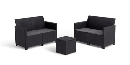 Keter Nora Set Jardín 4 Plazas con Cojines + Mesa Almacenaje 35L, Grafito