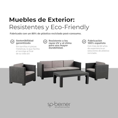 SP Berner Set Diva Tropea Grafito: Sofá 3P + 2 Sillones + Mesa, Reciclado