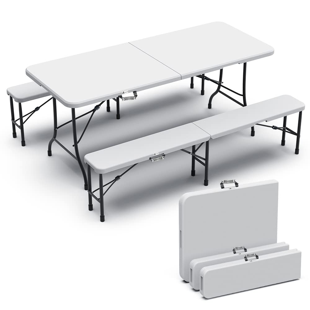 VOUNOT Set Plegable: Mesa 180cm + 2 Bancos, Picnic/Camping, Blanco