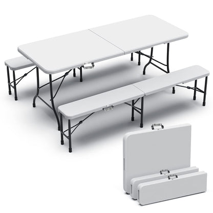 VOUNOT Set Plegable: Mesa 180cm + 2 Bancos, Picnic/Camping, Blanco