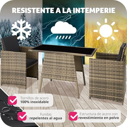 TecTake Set Jardín Ratán/Aluminio: 2 Sillas + Mesa Cristal, Apilable, Natural