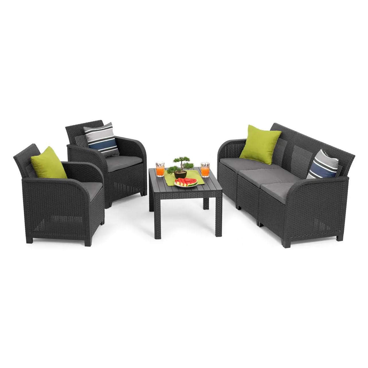 KETER Set Jardín Sanremo: 2 Sillones + Sofá 3 Plazas + Mesa Aux, Resina Ratán