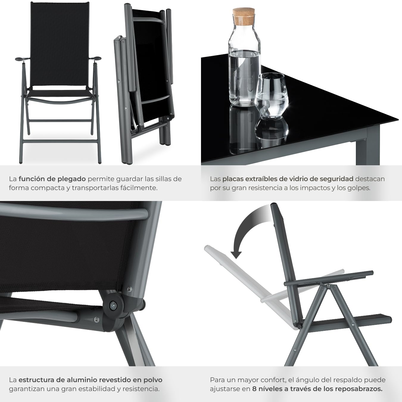 TecTake Set Jardín 9 Pzas Aluminio: Sillas Reclinables + Mesa, Tela Transpirable