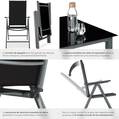 TecTake Set Jardín 9 Pzas Aluminio: Sillas Reclinables + Mesa, Tela Transpirable