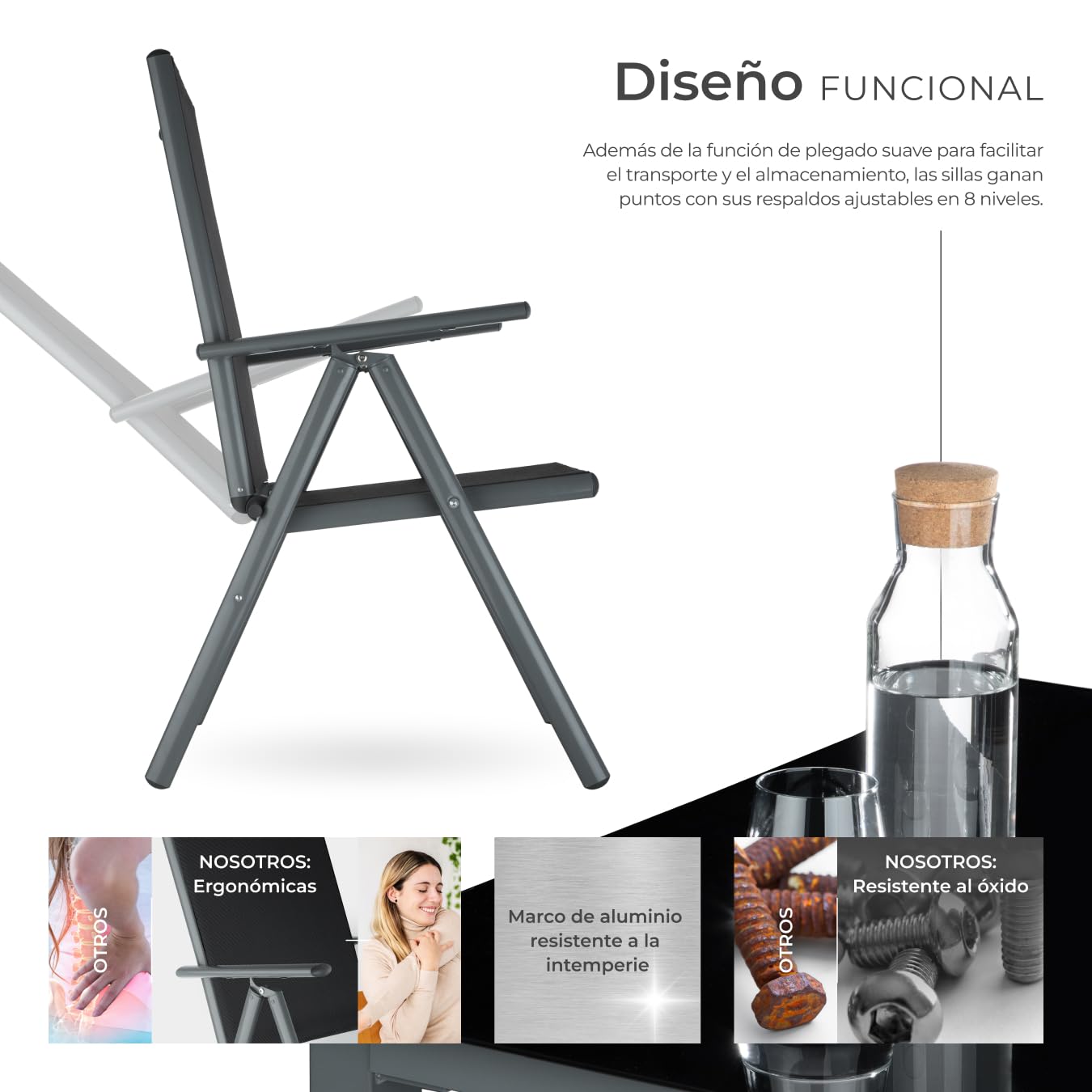 TecTake Set Jardín 9 Pzas Aluminio: Sillas Reclinables + Mesa, Tela Transpirable