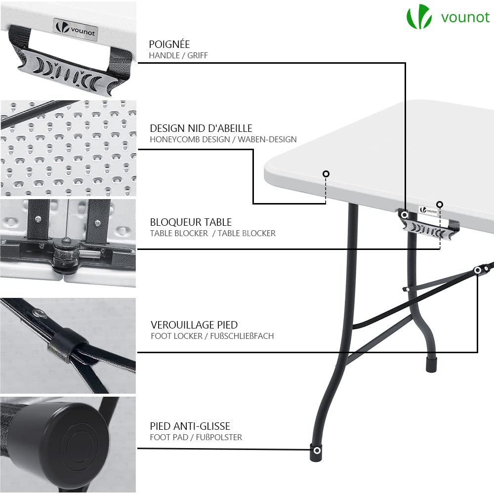 VOUNOT Set Plegable: Mesa 180cm + 2 Bancos, Picnic/Camping, Blanco