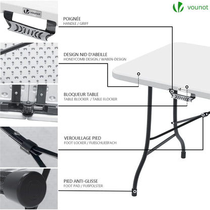 VOUNOT Set Plegable: Mesa 180cm + 2 Bancos, Picnic/Camping, Blanco