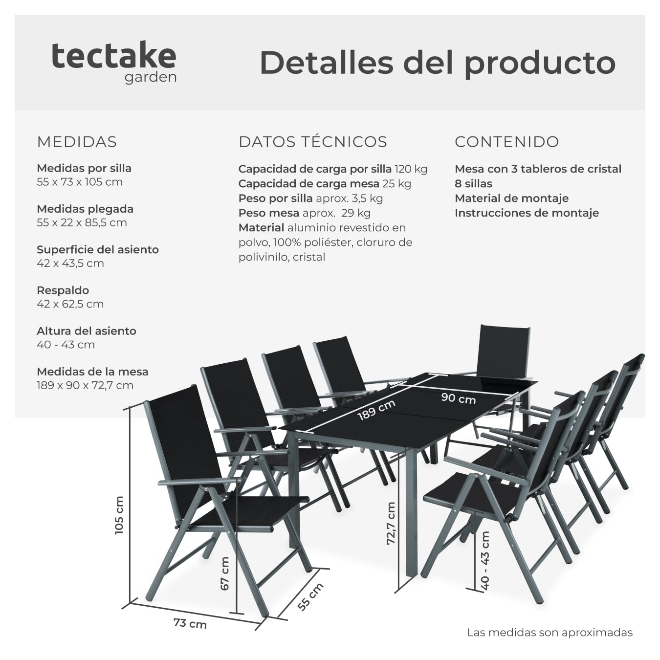 TecTake Set Jardín 9 Pzas Aluminio: Sillas Reclinables + Mesa, Tela Transpirable