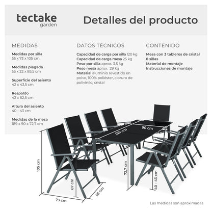 TecTake Set Jardín 9 Pzas Aluminio: Sillas Reclinables + Mesa, Tela Transpirable