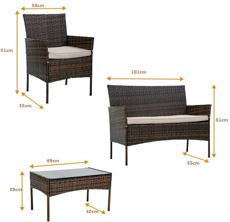 JINPALAY Set Jardín 4 Pzas: 2 Sillones + Sofá Doble + Mesa, Ratán
