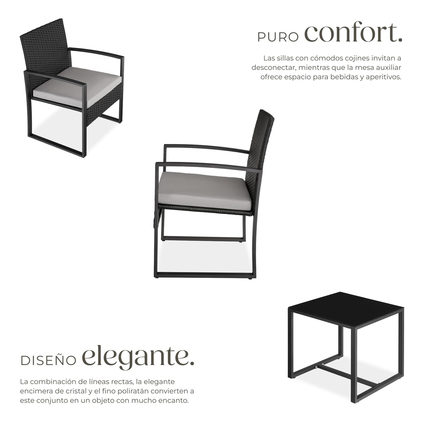 TecTake Set Jardín 2 Personas: 2 Sillas Ratán + Mesa Vidrio, Fundas Extraíbles