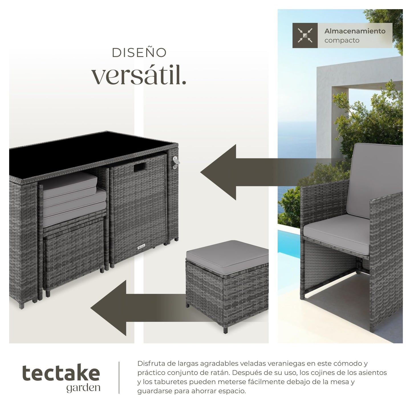 TecTake Set Jardín: 2 Sillones Pleg + Taburete + Mesa Cristal, Abrebotellas