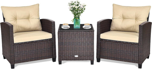 GIANTEX Set Jardín 3 Pzas: 2 Sillones + Mesa Vidrio, Ratán, Marrón Oscuro
