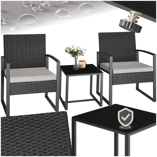 TecTake Set Jardín 2 Personas: 2 Sillas Ratán + Mesa Vidrio, Fundas Extraíbles