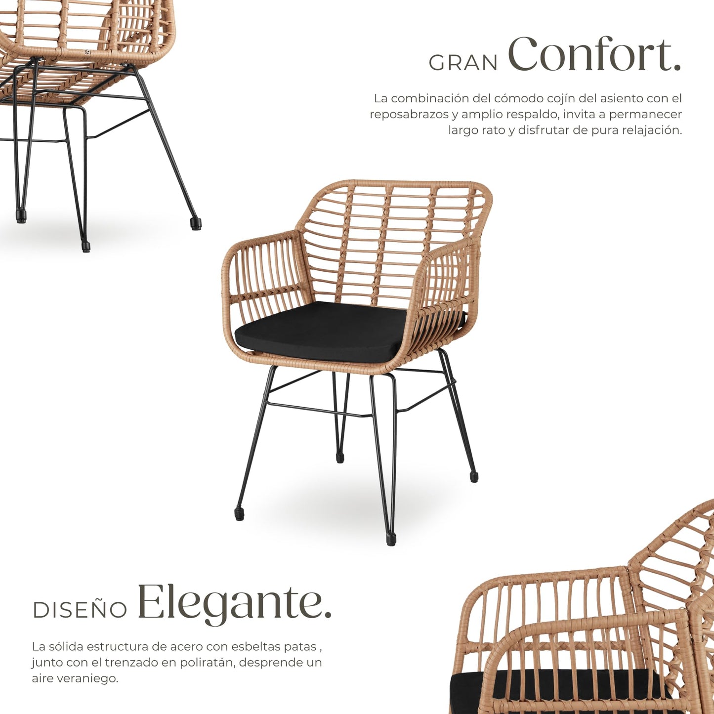 TecTake Set Jardín 2 Personas: 2 Sillas + Mesa Cristal, Cojines, Natural