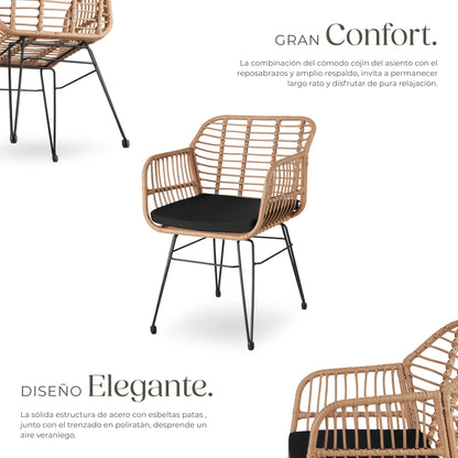 TecTake Set Jardín 2 Personas: 2 Sillas + Mesa Cristal, Cojines, Natural