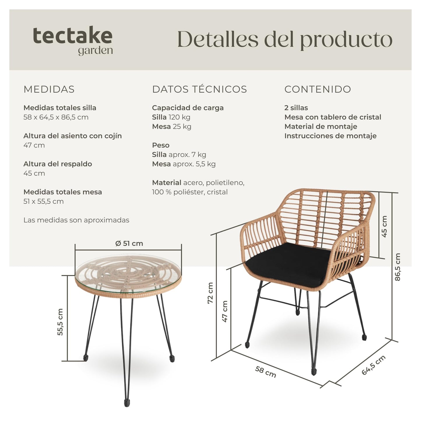 TecTake Set Jardín 2 Personas: 2 Sillas + Mesa Cristal, Cojines, Natural