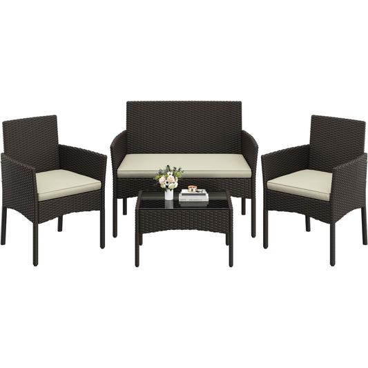 Yaheetech Set Ratán 4 Pzas: Sofá + 2 Sillones + Mesa Vidrio, Marrón/Beige