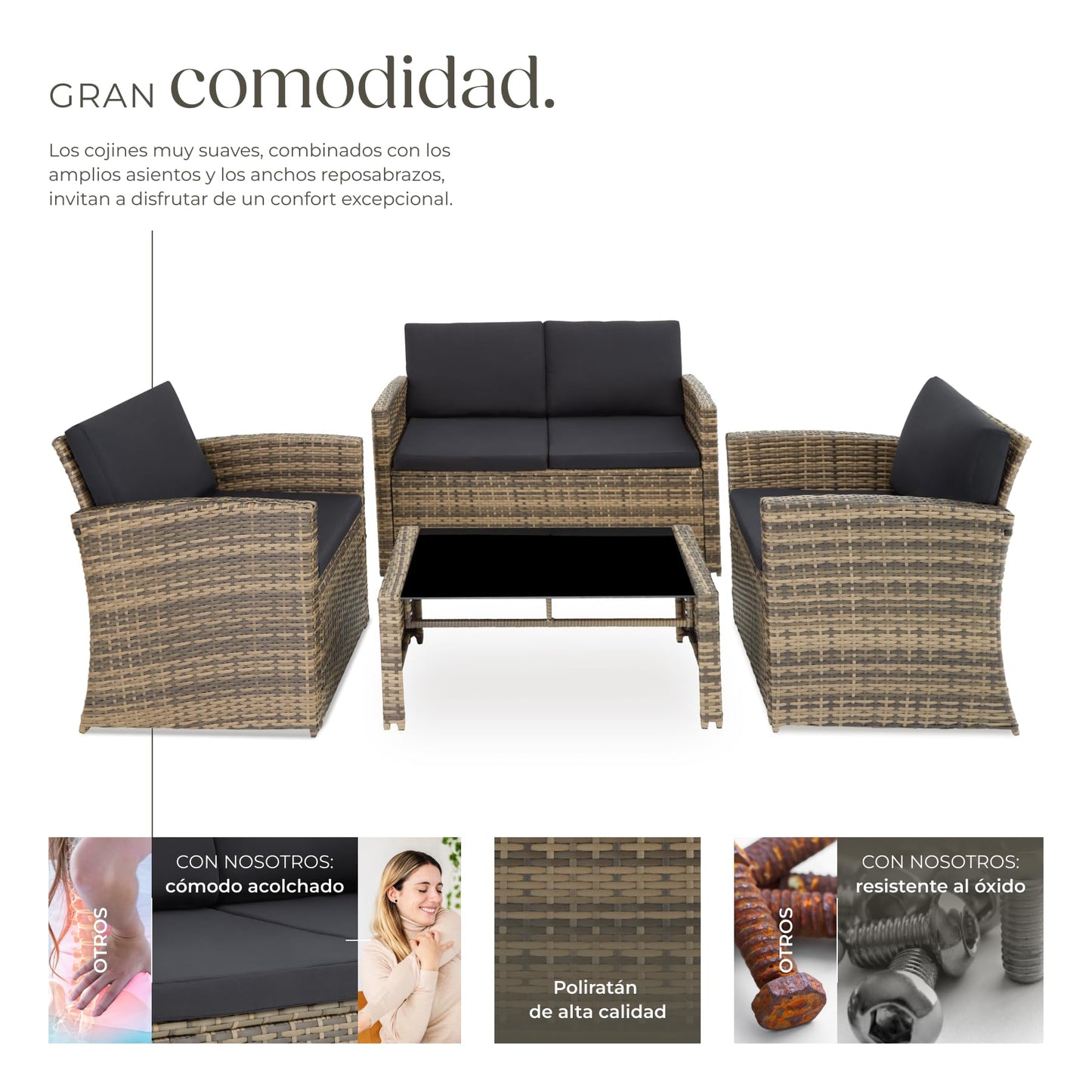 Tectake Set Ratán/Acero: 2 Sillones + Sofá + Mesa Cristal, Cojines, Natural