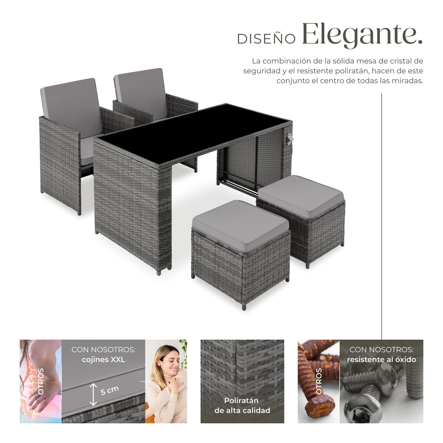 TecTake Set Jardín: 2 Sillones Pleg + Taburete + Mesa Cristal, Abrebotellas