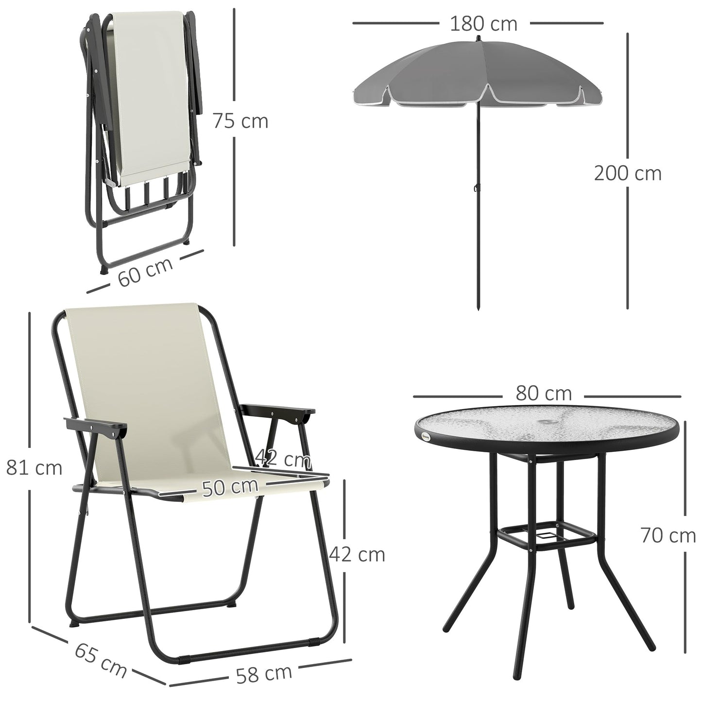 Outsunny Set Jardín 6 Pzas: Mesa Vidrio + 4 Sillas Plegables + Sombrilla, Crema